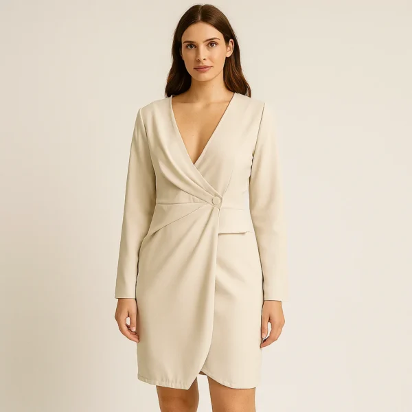 Vestido beige de manga larga cruzado
