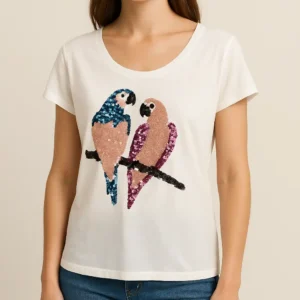 Camiseta blanca H&M loros de lentejuelas