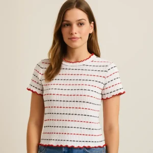 Camiseta corta de punto a rayas rojas y negras