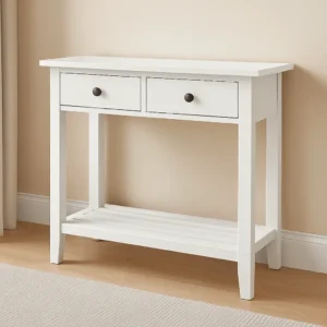 Mesa auxiliar blanca con dos cajones