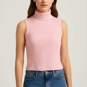 Top rosa de canalé de cuello alto