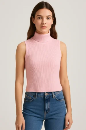 Top rosa de canalé de cuello alto