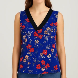 Blusa azul sin mangas con flores rojas